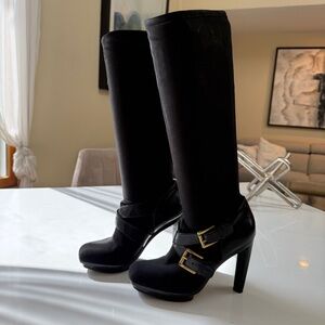 Michael Kors Black Platform High Heeled Boots with Gold Buckles